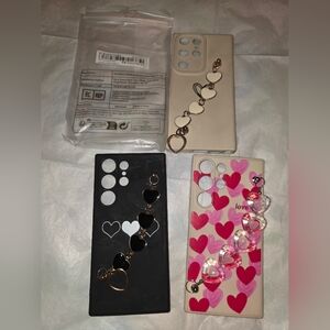Samsung Galaxy S23 Ultra 3pk Heart Charm Phone Case Set - Black, Cream, and Pink